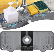 Gray Silicone Drip Catcher Tray for Faucet Handles: Kitchen Sink Accessories with Sponge Holder, Dish Soap Organizer, and Splash Guard for Countertop and Bathroom.