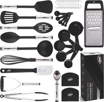 Essential 35-Piece Cooking Utensil Set - Nonstick, Heat-Resistant Nylon, Stainless Steel, and Silicone Spatulas - Complete Kitchen Gadget Collection for Home, Apartment Must-Have